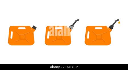 Gasoline cans with closing cap, spout and leaking petrol drop. Set of gas cans, fuel containers isolated on white background. Vector illustration Stock Vector