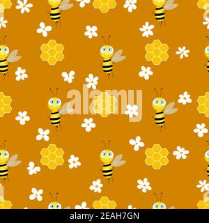 Seamless pattern with bees and honeycombs on brown background. Small wasp. Vector illustration. Adorable cartoon character. Template design for Stock Vector