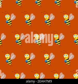 Seamless pattern with bees and cups on brown background. Vector illustration. Adorable cartoon character. Template design for invitation, cards Stock Vector