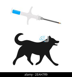Syringe with microchip and dog silhouette with implant and RFID signal. Concept of pets microchipping, animals permanent ID. Vector flat illustration Stock Vector