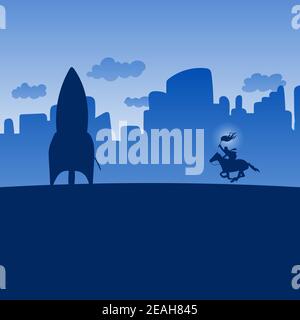 businessman riding horse with fire torch to light the rocket in blue shade cityscape background illustration vector. Business startup concept. Stock Vector