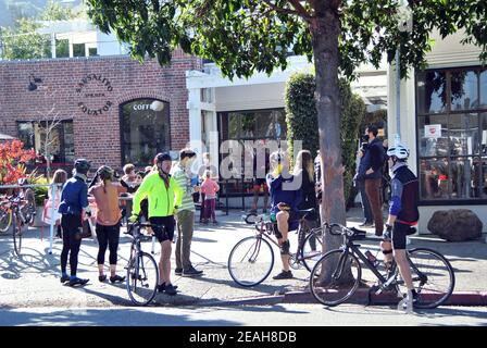 bicyclists  stop for coffee at local cafe during ride in sSusalito, Marin county usa Stock Photo