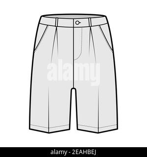 Short Bermuda dress pants technical fashion illustration with above-the-knee length, single pleat, low waist, rise, slashed pocket. Flat walking bottom front, grey color. Women, men CAD mockup Stock Vector