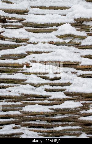 Willow fence covered in snow abstract. UK Stock Photo