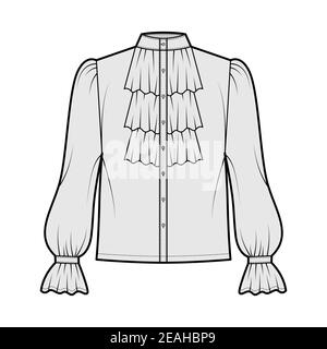 Poet pirate blouse technical fashion illustration with ruffles collar, bishop long sleeves, stand neck, loose fit, button up. Flat top template front, grey color. Women, men unisex shirt CAD mockup Stock Vector