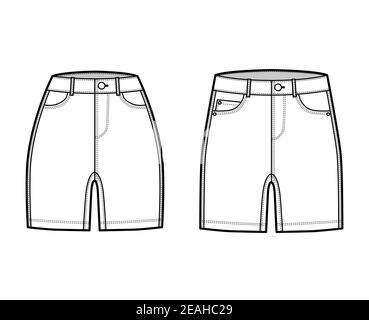 Set of Denim shorts pants technical fashion illustration with mid-thigh ...