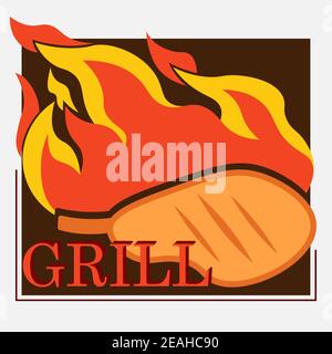 grilled meat logo with meat on the bone and fire 2 Stock Vector