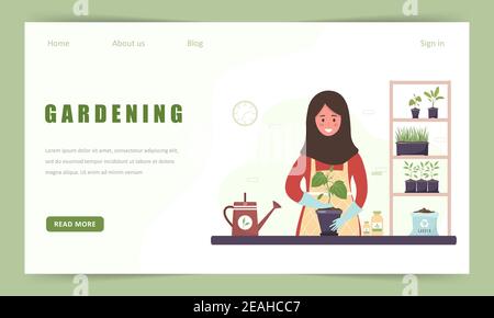 Gardening hobby website landing page. Islamic woman replanting seedlings in orangery. Vector illustration in flat cartoon style. Domestic plants Stock Vector