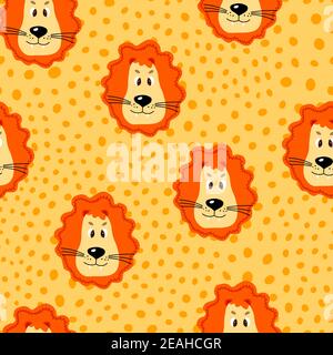 Vector flat animals colorful illustration for kids. Seamless pattern with cute lion face on yellow polka dots background. Adorable cartoon character Stock Vector