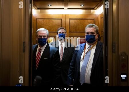 Bruce Castor, defense attorney for former President Donald Trump, center, boards an elevator and makes his exit at the end of the first day of the second Senate impeachment trial of former President Donald Trump at the U.S. Capitol in Washington, DC, USA, Tuesday, February 9, 2021. Photo by Rod Lamkey/CNP/ABACAPRESS.COM Stock Photo