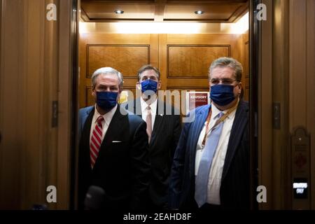 Bruce Castor, defense attorney for former President Donald Trump, center, boards an elevator and makes his exit at the end of the first day of the second Senate impeachment trial of former President Donald Trump at the U.S. Capitol in Washington, DC, USA, Tuesday, February 9, 2021. Photo by Rod Lamkey/CNP/ABACAPRESS.COM Stock Photo