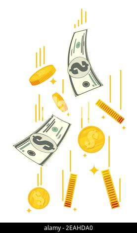 Falling gold coins and banknotes. Money rain. Golden coins with dollar sign. Growth, income, savings, investment. Symbol of wealth. Business success. Flat style vector illustration. Stock Vector