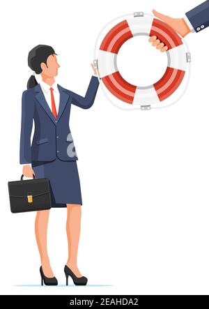 Desperate businesswoman getting lifebuoy. Helping business to survive. Help, support, survival, investment, obstacle crisis. Risk management. Flat vector illustration Stock Vector