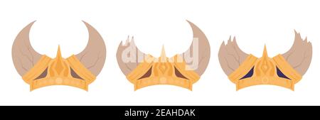 Set of cartoon viking helmets with horns. Ammunition of ancient warriors. Defenders metal caps. Flat objects for banners. Property protection Stock Vector