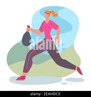 Plogging. Environmental movement. Healthy lifestyle. Woman jogging with a garbage bag in park. Physical activity and care for the environment. Maintai Stock Vector