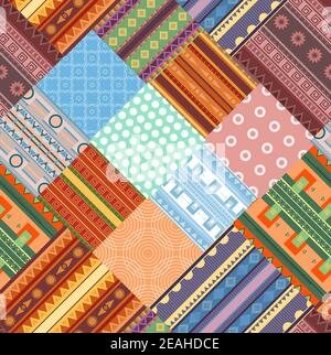 Cozy tribal patchwork blanket. Geometric ethnic pattern. Seamless fabric pattern. Wallpaper with pieces of decorations. Folk bedspread texture Stock Vector