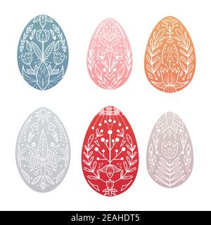 Set of multicolored Easter eggs with folk pattern. Festive treat with tribal ornaments. Spring religious holiday. Objects with a natural tracery for c Stock Vector