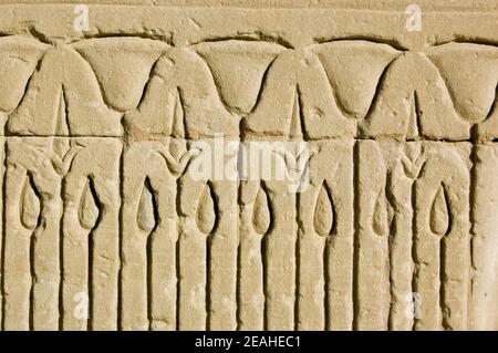 Close-up of an ancient egyptian stone carved frieze of lotus blossoms in a reed bed. Outer wall of the Temple of Horus, Edfu, Egypt. Stock Photo