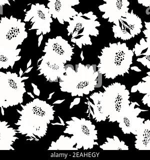 Floral seamless with hand drawn black and white roses. Cute summer background with flowers and leaves. Modern floral compositions. Fashion vector Stock Vector