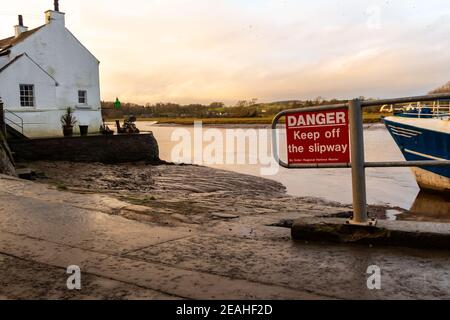 Danger Keep off the slipway sign at Kirkcudbright Harbour on a winters afternoon, Scotland Stock Photo