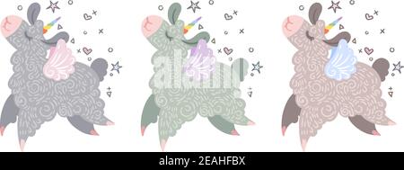 Set of cute curly llama-unicorns who flying and dancing with happiness. Illustration in different colors for coloring pages, children and adult prints Stock Vector