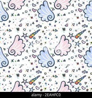 Vector pattern with wings and horns of cute unicorns, dots and stars. Magic vector seamless background Stock Vector