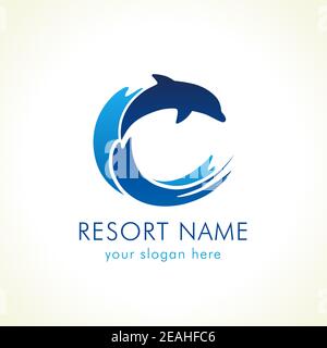 Dolphin jumps above waves. Spa, sport, travel vector logo. Branding identity for hotels, tourist business, spa, beach service, healthcare, holidays, r Stock Vector