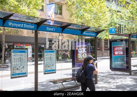 Sydney bus stand bus stop at Wynyard in York Street,Sydney city centre,NSW,Australia Stock Photo