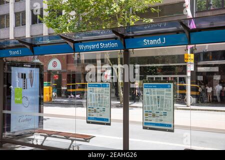 Sydney bus stand bus stop at Wynyard in York Street,Sydney city centre,NSW,Australia Stock Photo