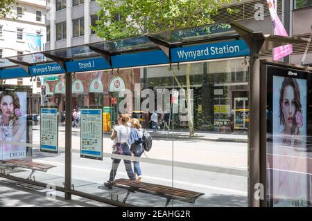 Sydney bus stand bus stop at Wynyard in York Street,Sydney city centre,NSW,Australia Stock Photo