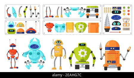 Cute robot cartoon character set, flat vector isolated illustration. Robot machine constructor. Robotic animation. Stock Vector