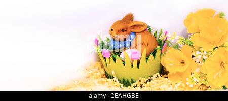 Easter bunny with eggs in a green easter basket on white background, flower decoration and space for text Stock Photo