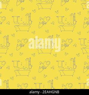 Vector seamless pattern Bath, shower, washcloth, hand, bubbles, towel, hanger on white background. Bathtub. Bathroom set, washing, bathing, cleanlines Stock Vector