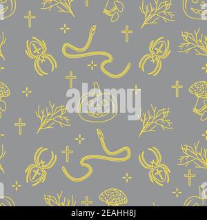Halloween vector seamless pattern with pumpkins, branches, spiders, snakes, crosses. Design for decoration, wrapping, greeting cards, web page backgro Stock Vector