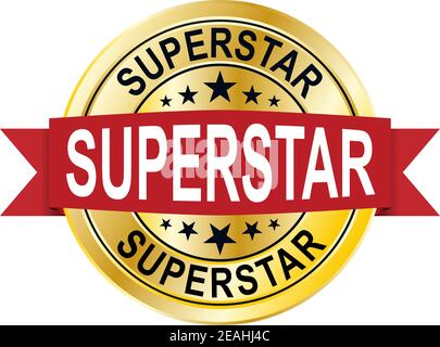 superstar 3d gold badge with red ribbon on white Stock Vector