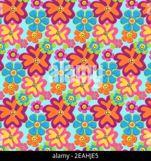 Hand-drawn groovy floral pattern Vector illustration. Stock Vector