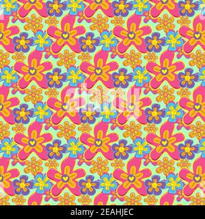 Hand-drawn groovy floral pattern Vector illustration. Stock Vector
