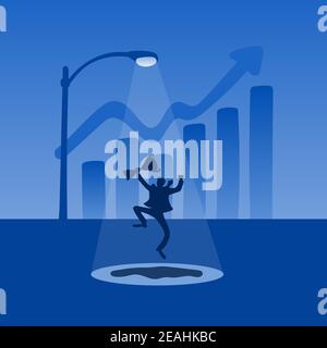 businessman jumping with happiness holding trophy under the light of street lamp in blue shade background of solid graph and arrow up illustration vec Stock Vector