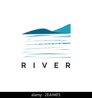 River with mountain view illustration logo design vector template Stock Vector