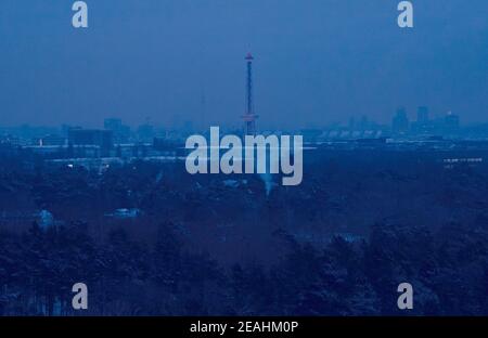 Berlin, Germany. 10th Feb, 2021. View from the Drachenberg to the city. In the middle you can see the radio tower. Credit: Paul Zinken/dpa-Zentralbild/dpa/Alamy Live News