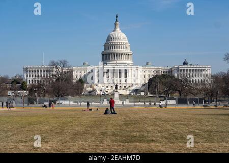 Washington, USA. 9th Feb, 2021. Photo taken on Feb. 9, 2021 shows the U.S. Capitol building in Washington, DC, the United States. U.S. Senate on Tuesday voted to proceed with the second impeachment trial of former President Donald Trump. The Senate voted 56-44 that the impeachment trial of Trump is constitutional despite calls from some Republicans to dismiss proceedings. Six Republican senators voted with all 50 Democrats. Credit: Liu Jie/Xinhua/Alamy Live News