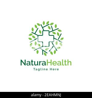 Creative cross symbol with branch and leafs logo design vector template. Nature health illustration Stock Vector