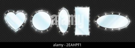 Makeup mirror in black frame with light bulbs isolated on transparent background. Vector realistic different shapes mirrors for theater actors or fashion model dressing room Stock Vector