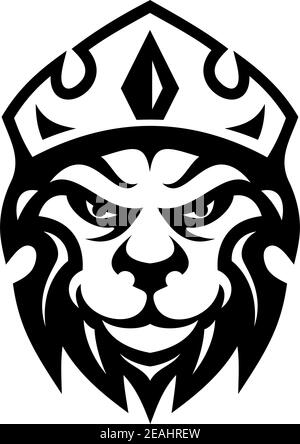 Head of a fierce crowned lion depicting royalty in a black and white design suitable for heraldry Stock Vector