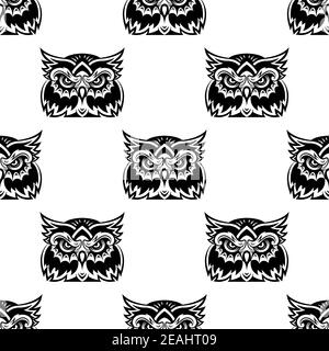 Black and white seamless vector pattern of a cute little wise old owl looking at the camera Stock Vector