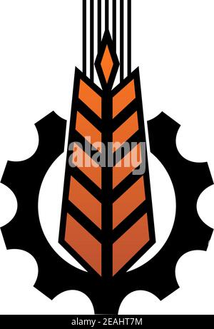 Agriculture and industry icon with the silhouette of a toothed gear or cog and an ear of ripe golden wheat, cartoon vector illustration Stock Vector