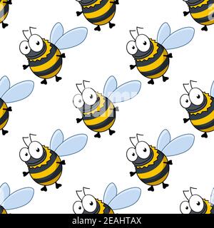 Seamless pattern of cute fat little honey bees or bumble bees with striped bodies in repeat diagonal rows suitable for print or fabric Stock Vector