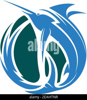 Cartoon vector illustration of a fishing icon with marlin or leaping sword fish in the ocean Stock Vector