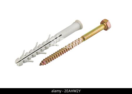 Plastic dowel, screw close up isolated on white background Stock Photo