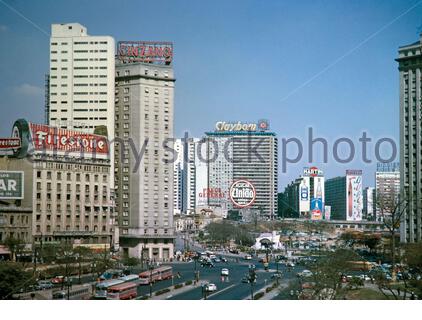 CBD buildings and advertising hoardings city centre of Sao Paulo, Brazil, South America 1962